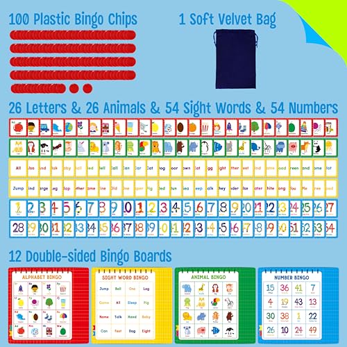 Family Bingo Game, Alphabet Animal Sight Word and Number Bingo Board Game, Counting and Matching Skills Classic Educational Game for Kindergarten and Preschool Kids, Perfect for Home and Classroom - style: Family Bingo Game