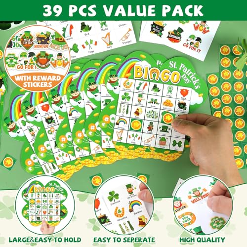 39Pcs St. Patrick’s Day Bingo Game for Adults Kids 24 Players Shamrock Shape Bingo Game Cards with Reward Stickers for Family Friend Large Group Activities St. Patrick’s Day Spring Party Favor - style: St. Patrick's