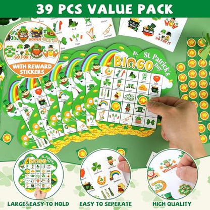 39Pcs St. Patrick’s Day Bingo Game for Adults Kids 24 Players Shamrock Shape Bingo Game Cards with Reward Stickers for Family Friend Large Group Activities St. Patrick’s Day Spring Party Favor - style: St. Patrick's