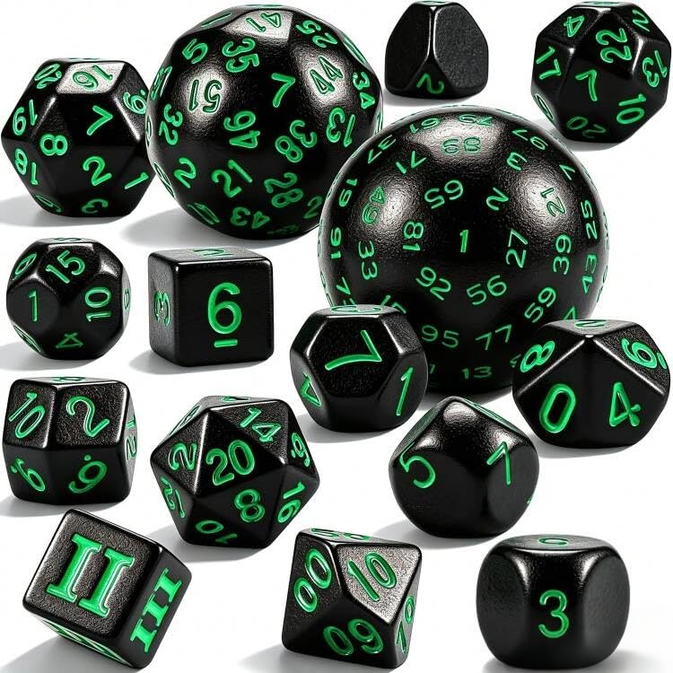 CiaraQ DND Polyhedral Dice Set (15pcs) D4-D100 Game Dice with Dice Bag | Acrylic Role Playing Dice for Dungeons and Dragons MTG Table Games (Black & Green) - color: Black & Green