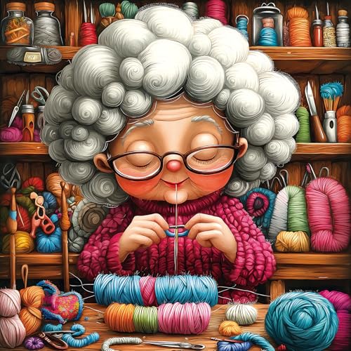 Funny Knitting Grandma Puzzles for Adults 500 Pieces Cozy Craft Room Colorful Yarn Sewing Machine Jigsaw Puzzle with Letters on Back Whimsical Cartoon Challenging Puzzles for Family Game Night - color: Funny Knitting, size: (20"x20")