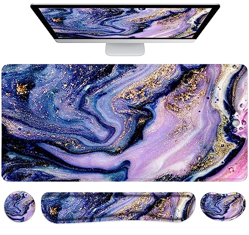 Large Mouse Pad with Wrist Rest, 4-in-1 Wrist Rest for Keyboard and Mouse | Non-Slip Waterproof Desk Mat Set, 35.4"x15.7" Desk Mat+Keyboard Wrist Rest+Mouse Wrist Support+Cup Coaster for Home Office - color: 4Pcs-Purple Marble