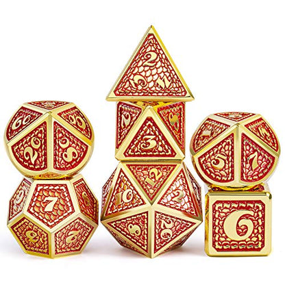 DNDND Metal Gaming Dice, 7 PCS Red Dragon Scale Metallic DND Die with Velvet Pouch for Dungeons & Dragon D&D Game (Red with Gold Edge) - color: Red With Gold Edge