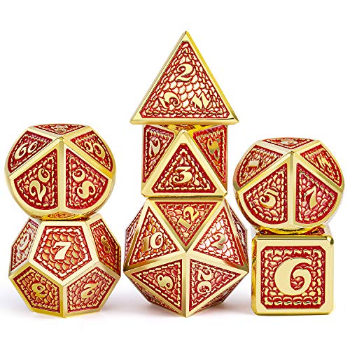 DNDND Metal Gaming Dice, 7 PCS Red Dragon Scale Metallic DND Die with Velvet Pouch for Dungeons & Dragon D&D Game (Red with Gold Edge) - color: Red With Gold Edge