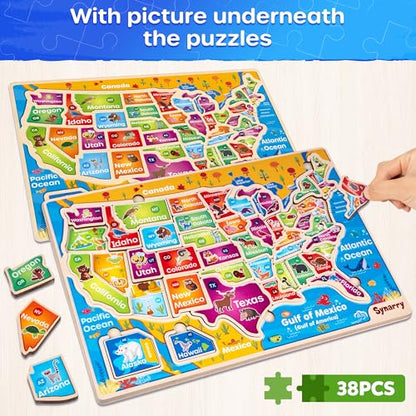 SYNARRY Large USA Wooden Puzzles for Kids Ages 3-5, Learning United States Map Puzles for Kids Ages 4-6, Wood Jigsaw Puzzles Educational Games Toys Gifts for Boys Girls Ages 3-8 - style: USA Map