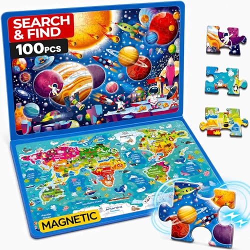 QUOKKA Magnetic Puzzles for Kids Ages 4-6 – 100 PCS Magnetic Puzzle Book for Toddlers 3-5 – 2 Puzzles & 2 Spot The Difference Maps – Search & Find Travel Games – Space, World Map Toddler Travel Toys - color: Maps 100pcs