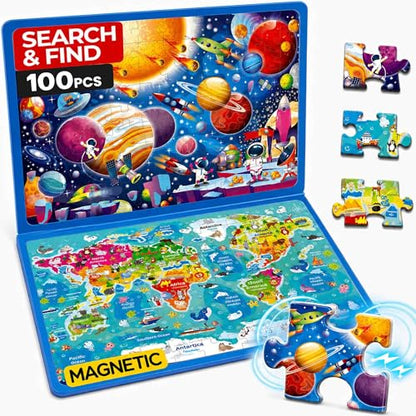 QUOKKA Magnetic Puzzles for Kids Ages 4-6 – 100 PCS Magnetic Puzzle Book for Toddlers 3-5 – 2 Puzzles & 2 Spot The Difference Maps – Search & Find Travel Games – Space, World Map Toddler Travel Toys - color: Maps 100pcs