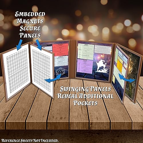 CASEMATIX DM Screen Faux Leather 8-Panel Deluxe GM Screen - Eight Panel Folding Game Master Screen with 2 Swinging Panels and Wet Erase Pockets for TTRPGs, Inserts Not Included, Brown - color: Brown