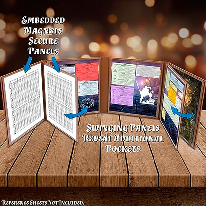 CASEMATIX DM Screen Faux Leather 8-Panel Deluxe GM Screen - Eight Panel Folding Game Master Screen with 2 Swinging Panels and Wet Erase Pockets for TTRPGs, Inserts Not Included, Brown - color: Brown
