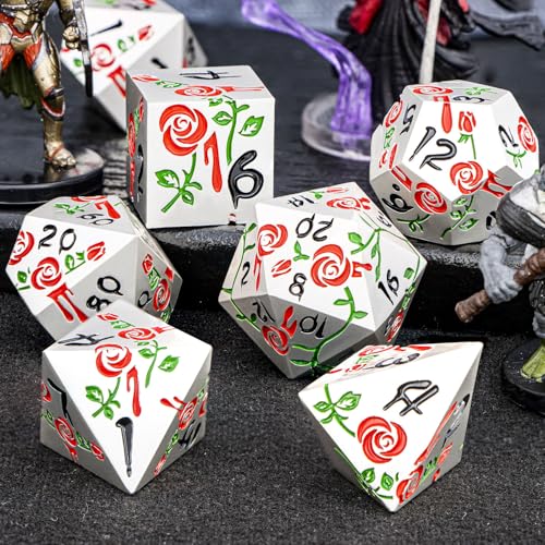 Gothic DND Dice Set Bleeding Rose Metal D and D Dice for use with Dungeons Dragons D&D Role Playing Game, Red RPG Polyhedral Dice Set D20 D12 D10 D8 D6 D4 - color: Red&silver&black Numbers