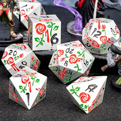 Gothic DND Dice Set Bleeding Rose Metal D and D Dice for use with Dungeons Dragons D&D Role Playing Game, Red RPG Polyhedral Dice Set D20 D12 D10 D8 D6 D4 - color: Red&silver&black Numbers