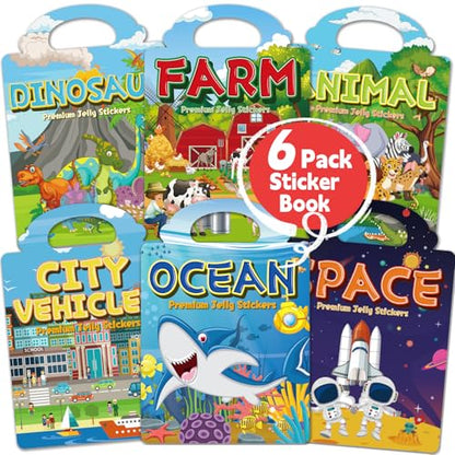 6 Sets Reusable Sticker Book for Toddlers 3-6, Jelly Sticker Books for Toddler, Travel Sticker Activity Toys for Kids 3 4 5 6 Years Old Girls & Boys