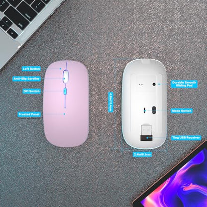 AIKOKOK Wireless Bluetooth Mouse, Rechargeable Dual Mode Mouse, Pink | BT 5.2 & 2.4G USB Receiver, 3 Adjustable DPI,LED Lights,Slim,Silent,Portable Computer Mouse for Laptop,PC,MacBook,iPad,Tablet - color: Pink