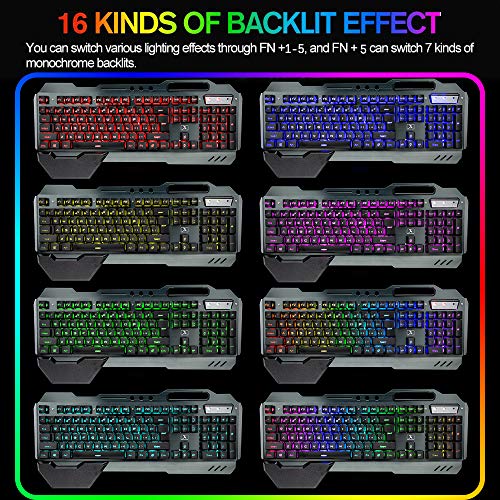 Wireless Gaming Keyboard and Mouse,RGB Backlit Rechargeable Keyboard Mouse with 5000mAh Battery Metal Panel,Removable Hand Rest Mechanical Feel Keyboard and 7 Color Gaming Mute Mouse for PC Gamer - color: Black RGB