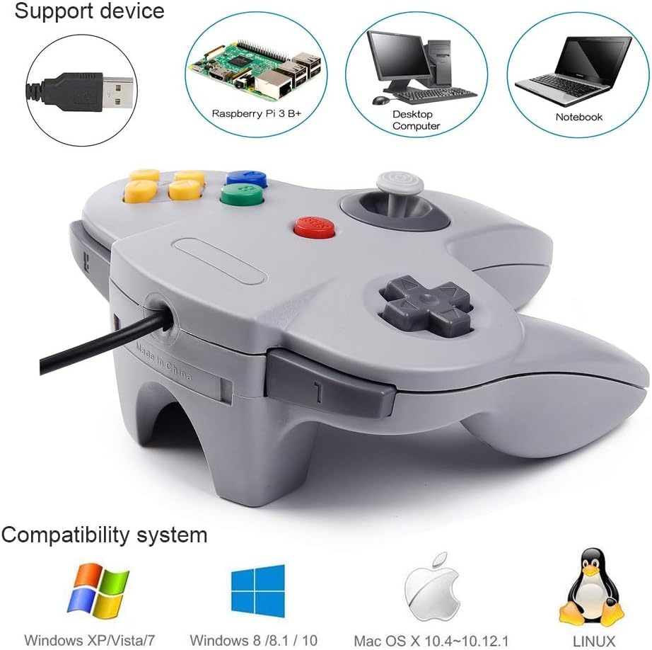KIWITATA Classic N64 Wired USB Controller, Retro N64 Remote Game Pad Joystick Controller for Windows PC & MAC & Raspberry Pi 3 Gray - color: Grey