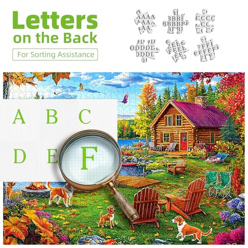 Autumn Lake House 1000 Piece Jigsaw Puzzle for Adults - Rustic Log Cabin, Dock & Fall Foliage Scenery with Dogs - Fun Landscape Challenging Gift for Game Night 27x20 Inches - color: Colorful Lake House