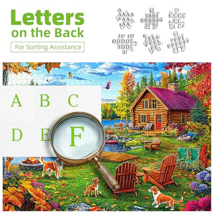 Autumn Lake House 1000 Piece Jigsaw Puzzle for Adults - Rustic Log Cabin, Dock & Fall Foliage Scenery with Dogs - Fun Landscape Challenging Gift for Game Night 27x20 Inches - color: Colorful Lake House