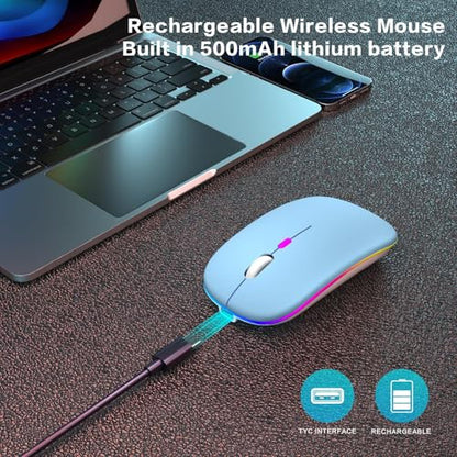AIKOKOK Wireless Bluetooth Mouse, Rechargeable, Dual Mode Bluetooth 5.2 & 2.4G USB, LED Lights, Slim, Silent, Portable Computer Mouse for Laptop, PC, MacBook, iPad, Tablet (Blue) - color: Blue