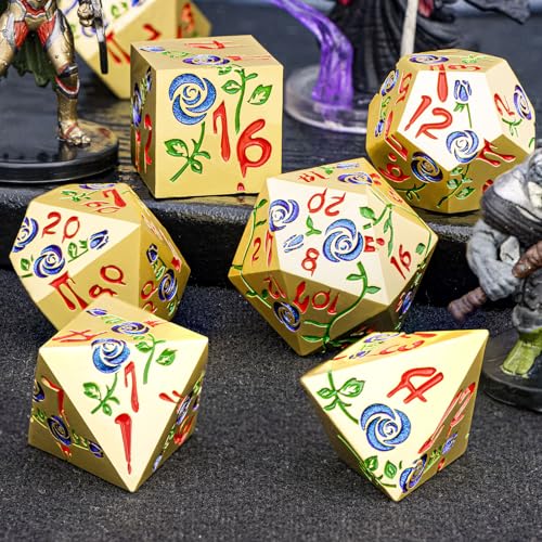 Gothic DND Dice Set Bleeding Rose Metal D and D Dice for use with Dungeons Dragons D&D Role Playing Game, Blue Purple RPG Polyhedral Dice Set D20 D12 D10 D8 D6 D4 - color: Purplish Blue&gold&red Numbers