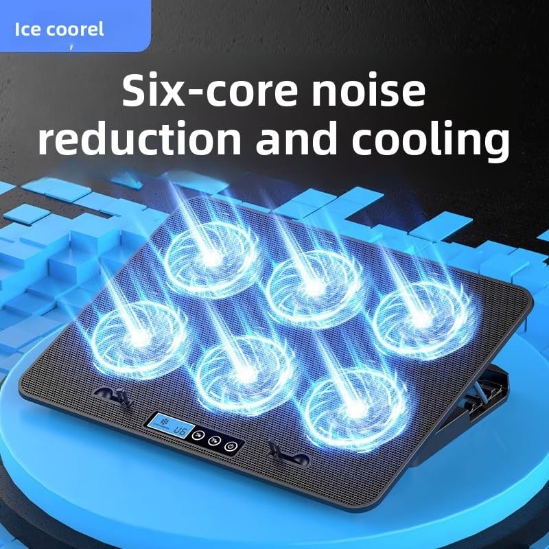 Laptop Cooling Pad 6 Fans RGB LED Adjustable Stand 12-17" Gaming | 6 fans 2400 RPM, RGB lights, adjustable speed, phone holder, metal mesh, dual USB, fits 12-17", 35-70 CFM cooling power - color: Black standard version (no speed control, with sta