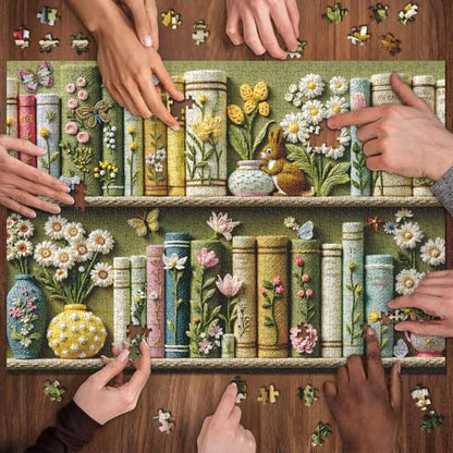 Spring Floral Bookshelf Puzzles for Adults 1000 Pieces, Challenging Bunny Garden Library with Flower and Butterfly, Vintage Botanical Book Spine Aesthetic Art Jigsaw Puzzle