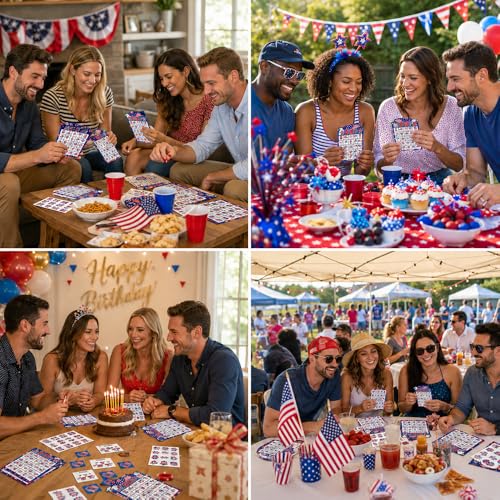 4th of July Bingo Game Cards, 24 Players Patriotic Bingo Cards, Fourth of July Bingos Game for Adults Outdoor Family Friends Student Large Group Activities Independence Day Party Favors Supplies - color: Red and Blue