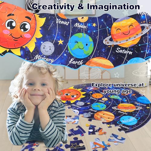 Civaner 70 Pieces Floor Puzzles Round Large Puzzles for Kids Ages 3-5 5-8 Jumbo Jigsaw Puzzle Educational Gifts for Toddlers Girls Boys Baby Shower Holiday Birthday(Solar System) - style: Solar System