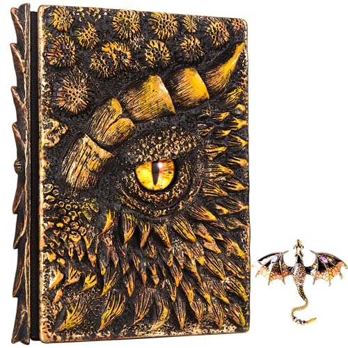 3D Dragon Eye Embossed Journal,Resin Engraving Notebook,Dnd notebook for Dragon Lovers ，Blank Paper,Hardcover Travel Notepad for Writing,Sketchbook,Collection,Gift,Decoration A4 and A5 Size (A5-Gold - color: A5-Gold with brooch