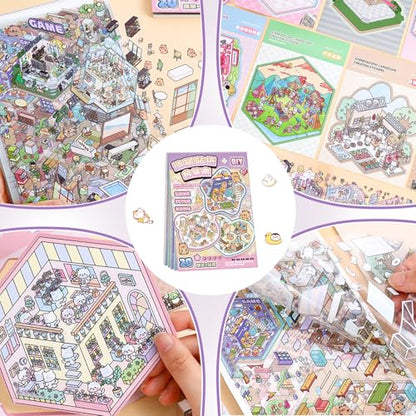 20 Sets 3D Sticker Scene Book for Adults,DIY Create Your Own Mini House | Stickers Cute Kawaii Miniature Scenes for Stress Relief Therapy Pass The Time, Fun Party Favors Gifts for Birthday Holiday - size: 20 Sets Purple