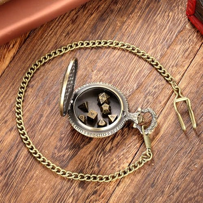 Mini DND Dice Set Steampunk Hollow Bard Pocket Watch Shell Case, 7pcs Tiny Polyhedral Metal D&D Dice Set, DND Gifts with Gift Box, Role Playing Board Games Accessories, Bronze - color: Bard