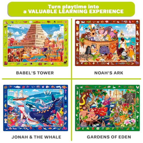 QUOKKA 60 Piece Kids Puzzles Ages 5-8 - Set of 4 Bible Jigsaw Puzzles for Kids 4-6-10 Year Old - Tower of Babel - Noah`s Ark - Eden Toys for Children 5-7 yo - Christian Gifts for Boys & Girls - color: Yellow Ang Green
