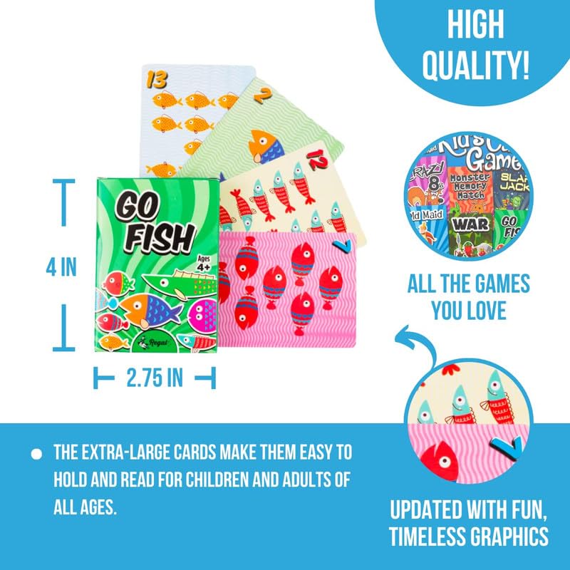 Regal Games Card Games for Kids - Go Fish, Crazy 8's, Old Maid, Slap Jack, Garbage Monsters, War - Simple & Fun Classic Family Table Game Sets (6 x 6) - color: Set of 36 Decks