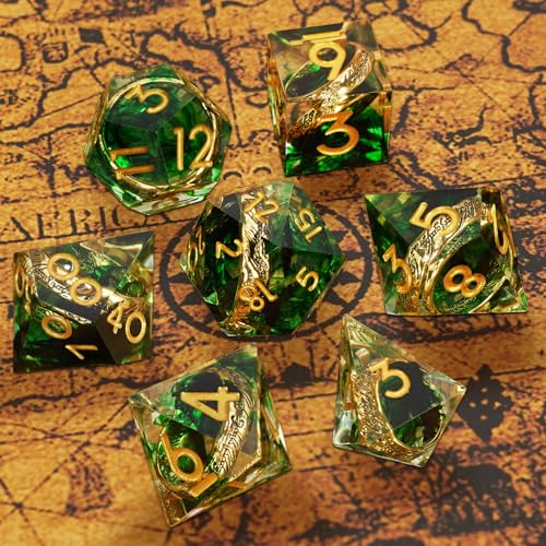 Golden Ring DND Dice Set, 7pcs D&D Polyhedral Sharp Edge Resin Dice with Box, Rings Dice Set for Role Playing Dungeons and Dragons, Playing Games for D and D MTG RPG Table Game Gifts (Green) - color: Ring Green, style: Ring
