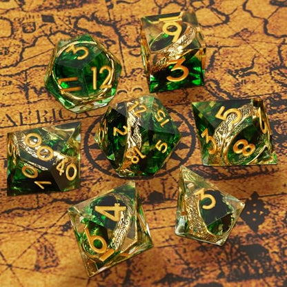 Golden Ring DND Dice Set, 7pcs D&D Polyhedral Sharp Edge Resin Dice with Box, Rings Dice Set for Role Playing Dungeons and Dragons, Playing Games for D and D MTG RPG Table Game Gifts (Green) - color: Ring Green, style: Ring