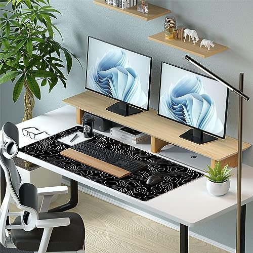 Black and White Topographic Desk Mat, Large Gaming Mouse Pad 31.5x15.7 | Sleek black and white contour line desk mat featuring pixel-precise tracking and a secure anti-slip rubber base. - color: Black Topographic Map