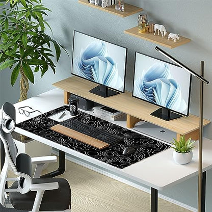 Black and White Topographic Desk Mat, Large Gaming Mouse Pad 31.5x15.7 | Sleek black and white contour line desk mat featuring pixel-precise tracking and a secure anti-slip rubber base. - color: Black Topographic Map