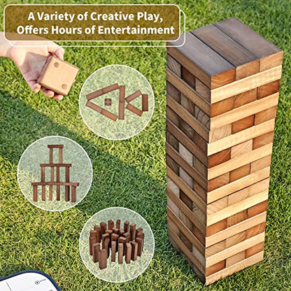 ApudArmis Giant Tumble Tower (Stack from 2Ft to Over 4.2Ft), 54 PCS Pine Wooden Stacking Timber Game with 1 Dice Set - Classic Block Giant Outdoor Game for Teens Adults Family(Brown) | Non-toxic New Zealand Pine Blocks, Crack-resistant, With dice and bag.