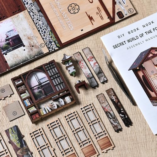 Book Nook Kit - DIY Miniature House Kit for Adults and Teens, Booknook Tiny Japanese Dollhouse Kit Bookshelf Decor 3D Wooden Puzzle, Gifts for Family, Friends - style: Moss Lamp & Garden