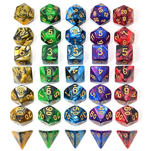 SmartDealsPro 5 x 7-Die Double-Colors Polyhedral Dice Sets with Pouches for D&D DND RPG MTG Dungeon and Dragons Table Board Roll Playing Games D4 D6 D8 D10 D% D12 D20 - color: 5-color Sets