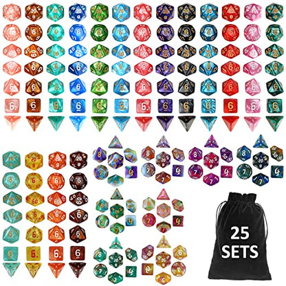 DND Dice Set, 25 X 7 (175 Pcs) Polyhedral Dice with 1 Black Pouch | Three Color, Two Color and Monochrome Dice for Dungeons and Dragons D&D tabletop Role Playing games - color: 25sets-1