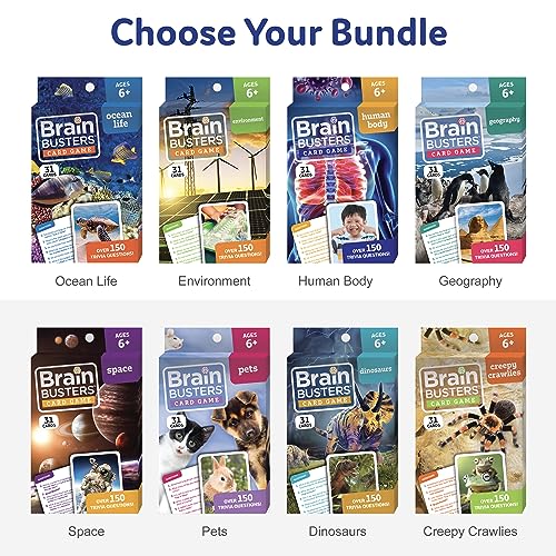 Brain Busters Card Game for Kids, Family Trivia Game Bundle with 120 Flash Cards - Learn and Play with Multiple Choice Trivia Cards About Human Body, Ocean Life, Dinosaurs and Space (Ages 6+) - style: Wildlife