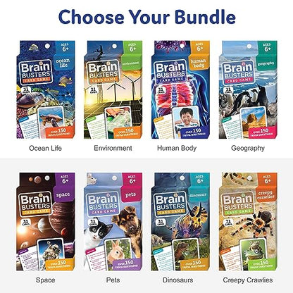 Brain Busters Card Game for Kids, Family Trivia Game Bundle with 120 Flash Cards - Learn and Play with Multiple Choice Trivia Cards About Human Body, Ocean Life, Dinosaurs and Space (Ages 6+) - style: Wildlife