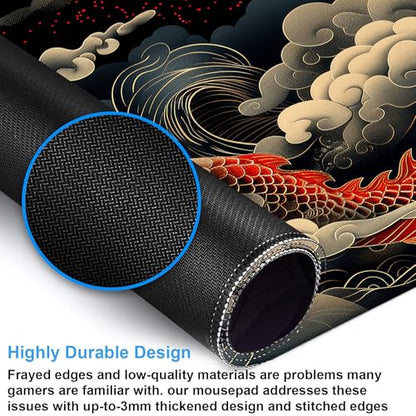 Desk Pad, Japanese Wave and Red Dragon Auspicious Clouds XXL Gaming Mouse Pad with Stitched Edges,Non-Slip Waterproof Rubber Base Large Desk Mat for Keyboard and Mouse 35.4"x15.7" - color: Colour5, size: 35.4" x 15.7"