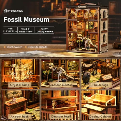 DIY Book Nook Kit, 3D Wooden Puzzle for Adults, Miniature House Kit with Touch LED Light, Gothic Bookshelf Insert Decor, Creative Hobby Gift for Fantasy Lovers - style: Fossil Museum