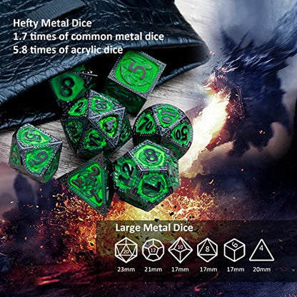 Haxtec Metal Dice Set Green Black Dragon Pattern Metal DND Dice with Leather Dice Bag Polyhedral D&D Dice Compatible with Dungeons and Dragons TTRPG Gifts - color: Black Matt Green
