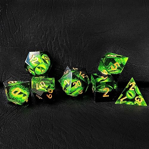 BESCON Dragon's Eye Sharp Edged Polyhedral Dice Set of 7, Handmade Dragon's Eye Dice for Role Playing Game - color: Green Eye Set