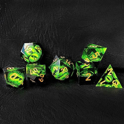 BESCON Dragon's Eye Sharp Edged Polyhedral Dice Set of 7, Handmade Dragon's Eye Dice for Role Playing Game - color: Green Eye Set