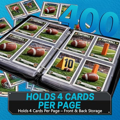 Football Card Binder with Sleeves, 4-Pocket Portable Card Protectors Album Holder Book with Zipper, Fits 400 Cards with 50 Removable Sleeves, Football Cards Display Storage Carrying Case -02 - color: Football- 02- 400 cards