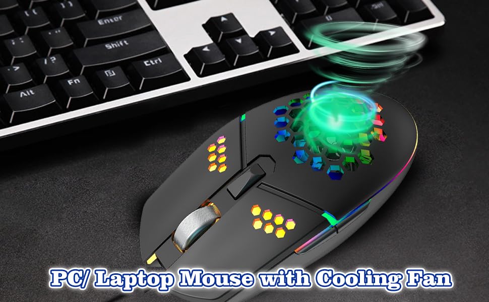 Newly Wired Gaming Mouse with Fan, Cooling Fan Honeycomb PC Mouse RGB Led Gaming Mouse for Laptop, Silent Click & 4 DPI Levels - No Sweaty Palm