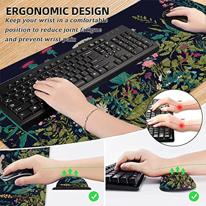 Large Mouse Pad with Wrist Rest, 4-in-1 Wrist Rest for Keyboard and Mouse | Non-Slip Waterproof Desk Mat Set, 35.4"x15.7" Desk Mat+Keyboard Wrist Rest+Mouse Wrist Support+Cup Coaster for Home Office - color: 4Pcs-Weeds